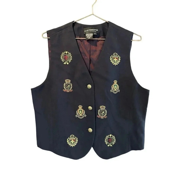 Liz Claiborne Women's Navy Blue Embroidered Crests Gold Buttons Vest Size 10